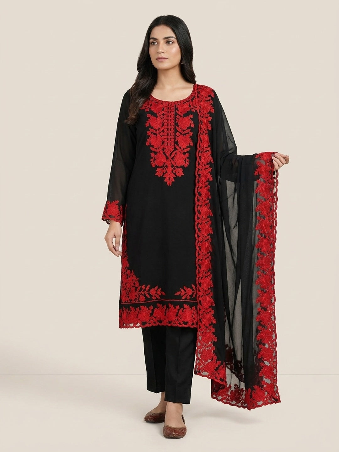 Peachmode Black & Red Thread Embroidered Georgette Dress Material - Image 2