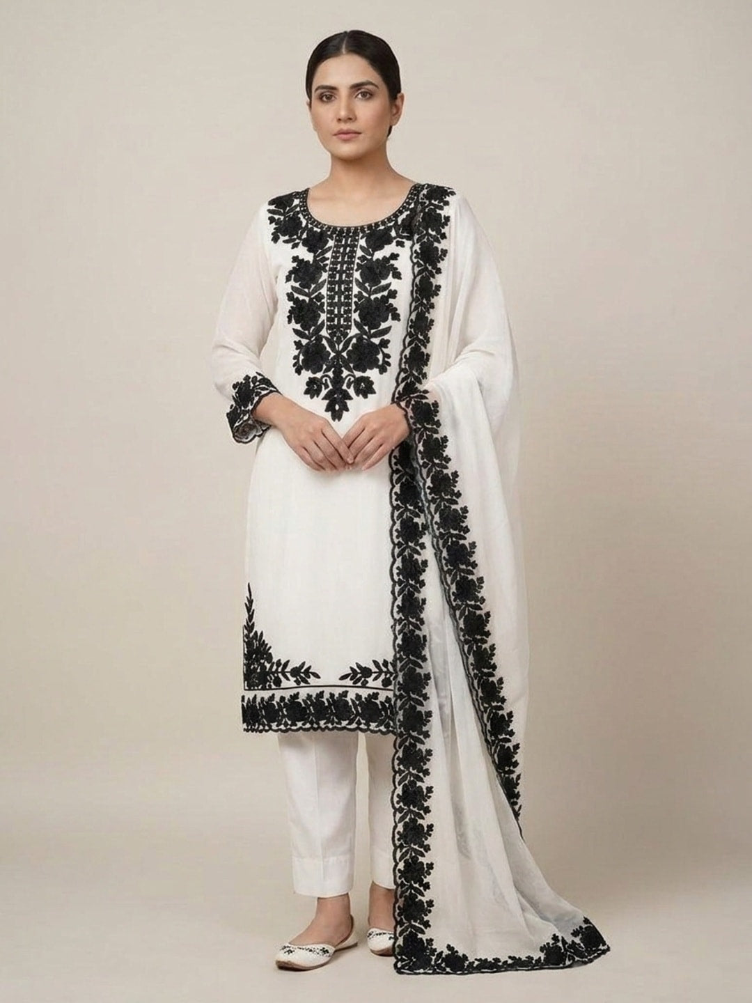 Peachmode White & Black Thread Embroidered Georgette Dress Material - Image 2