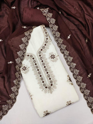 Peachmode White & Brown Embroidered Vichitra Silk Dress Material - Image 1