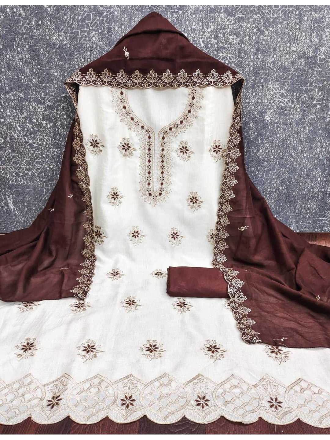 Peachmode White & Brown Embroidered Vichitra Silk Dress Material - Image 3