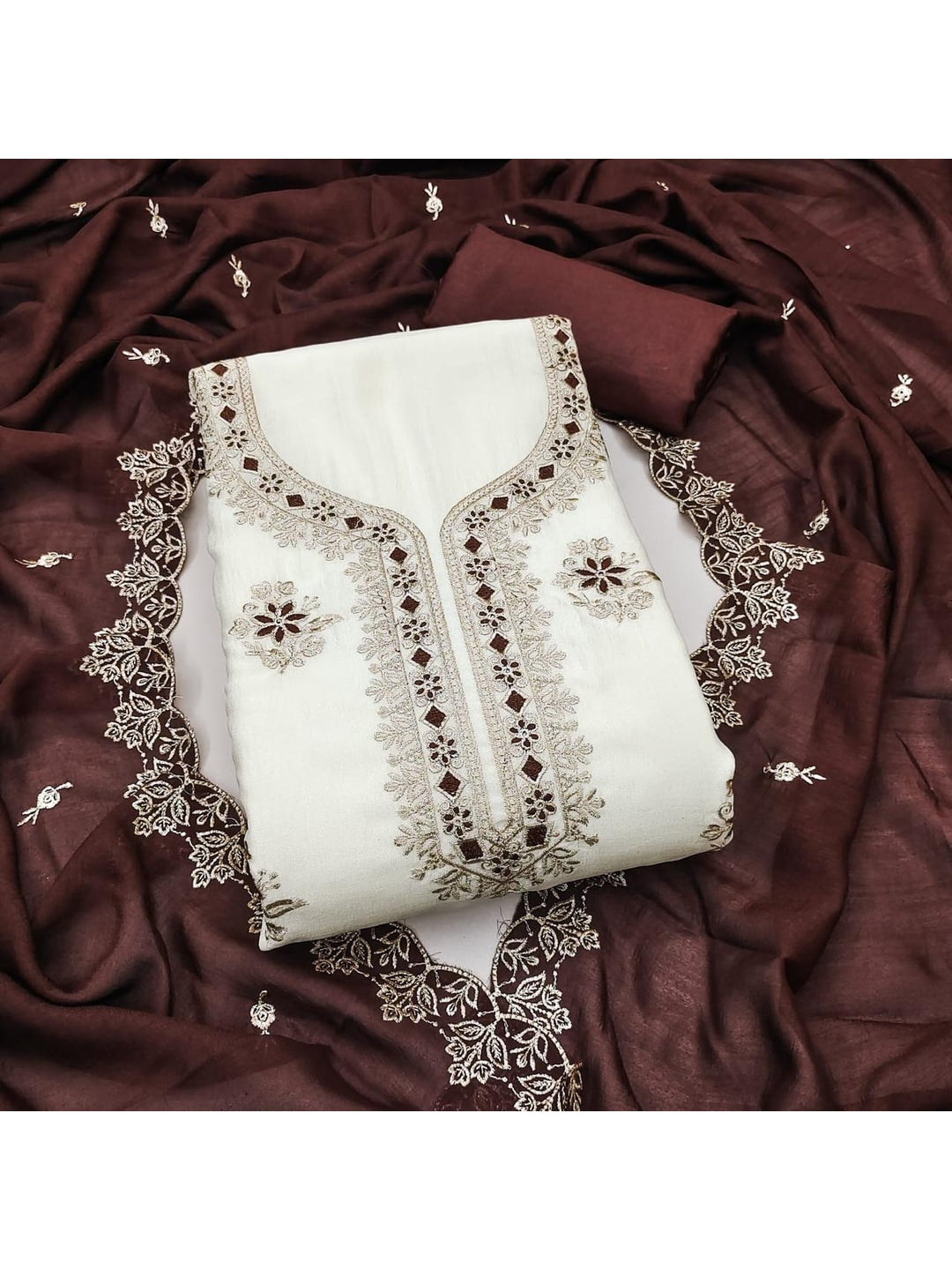 Peachmode White & Brown Embroidered Vichitra Silk Dress Material - Image 4