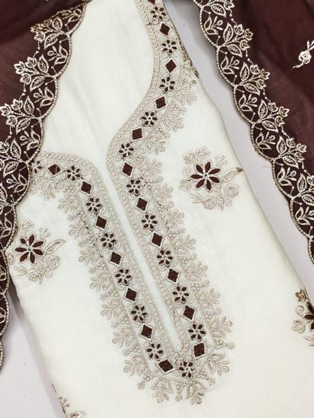 Peachmode White & Brown Embroidered Vichitra Silk Dress Material - Image 5