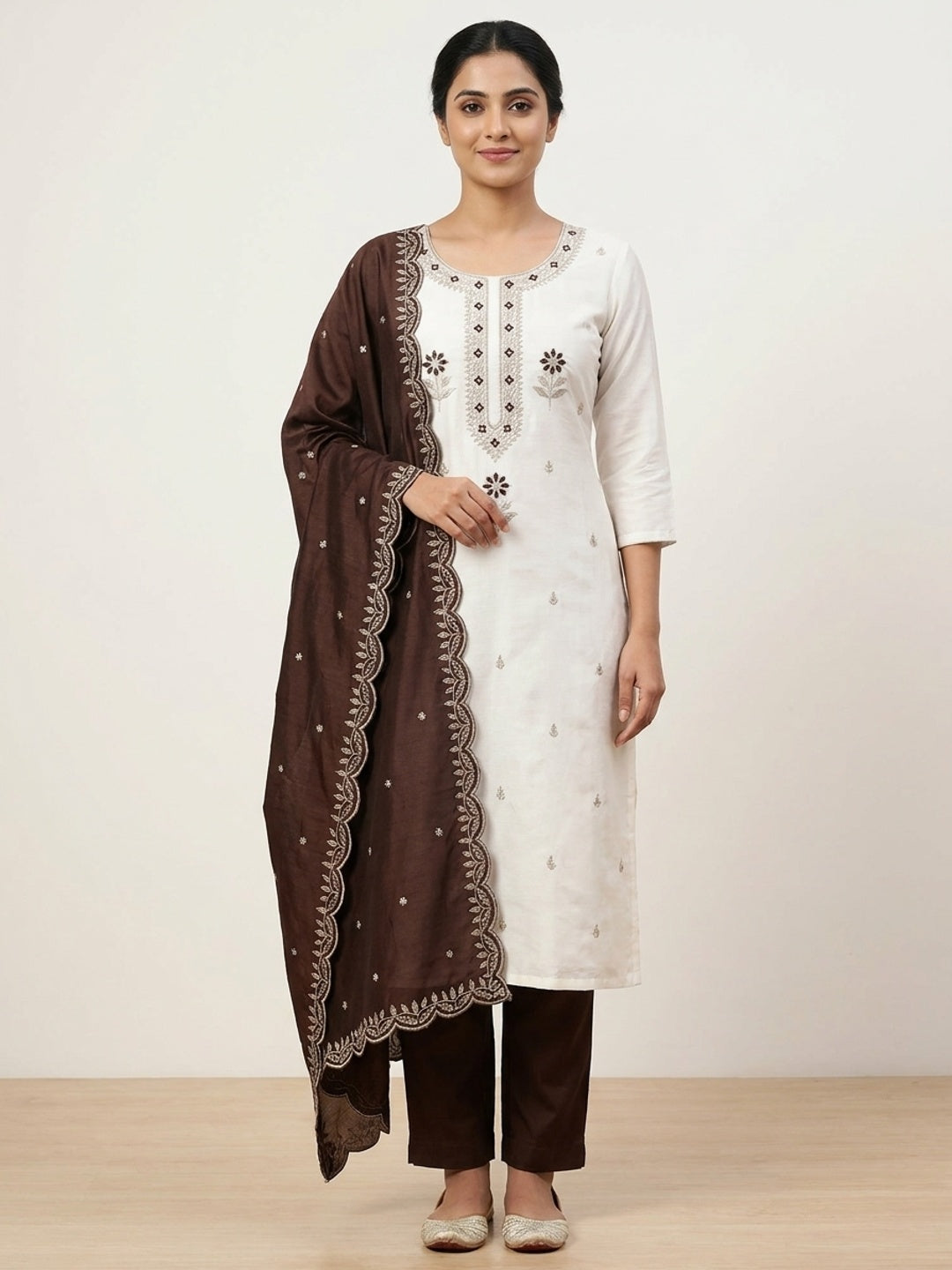 Peachmode White & Brown Embroidered Vichitra Silk Dress Material - Image 2