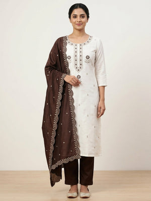 Peachmode White & Brown Embroidered Vichitra Silk Dress Material - Image 2