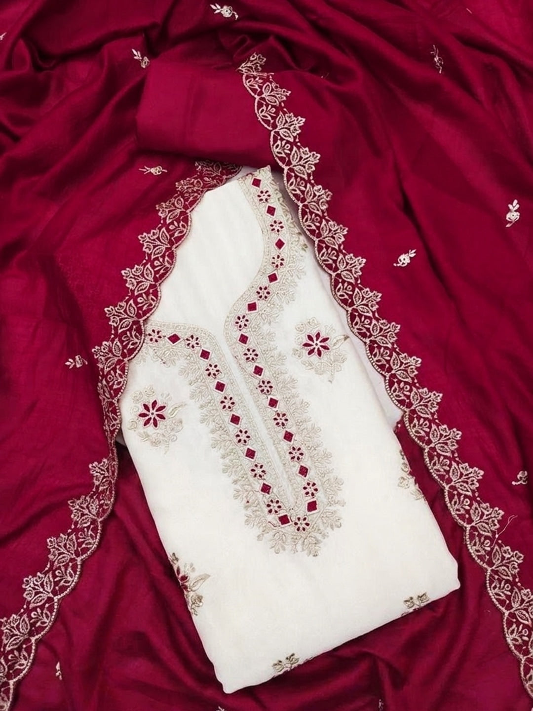 Peachmode White & Magenta Embroidered Vichitra Silk Dress Material - Image 1