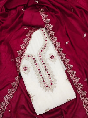 Peachmode White & Magenta Embroidered Vichitra Silk Dress Material - Image 1