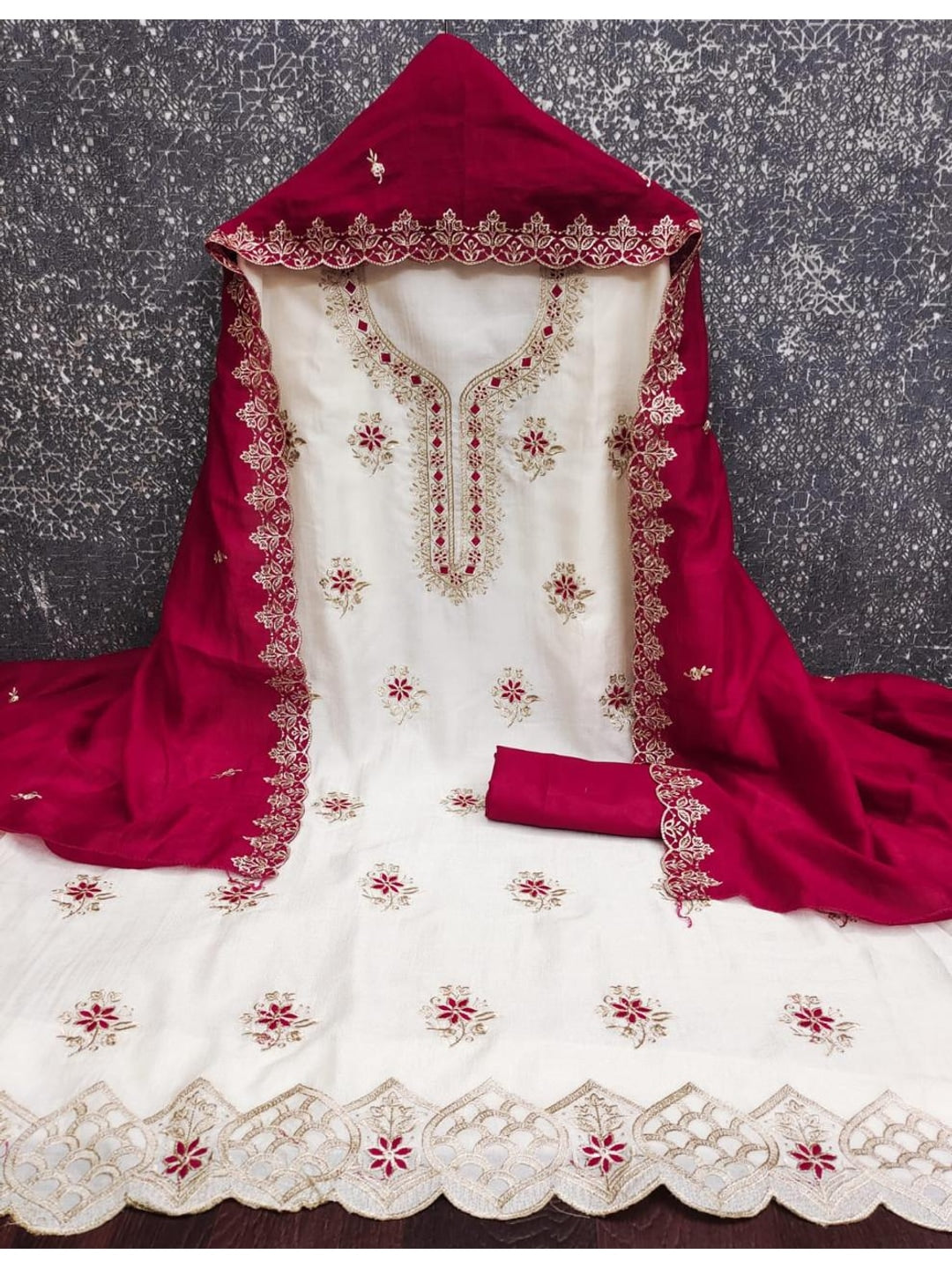 Peachmode White & Magenta Embroidered Vichitra Silk Dress Material - Image 3