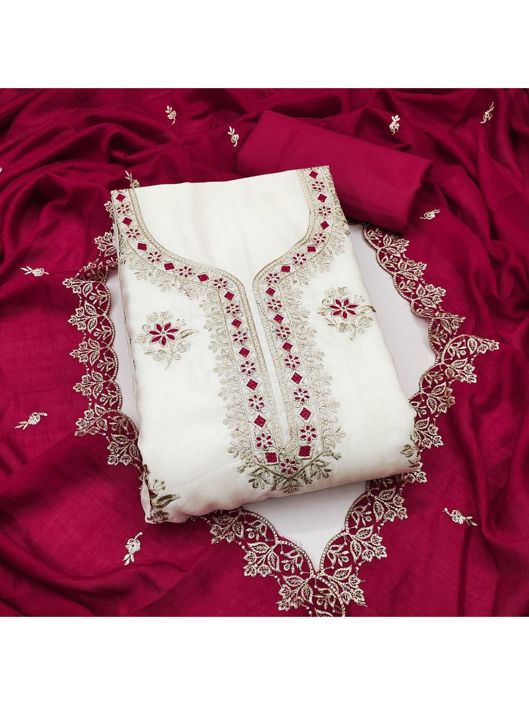 Peachmode White & Magenta Embroidered Vichitra Silk Dress Material - Image 4