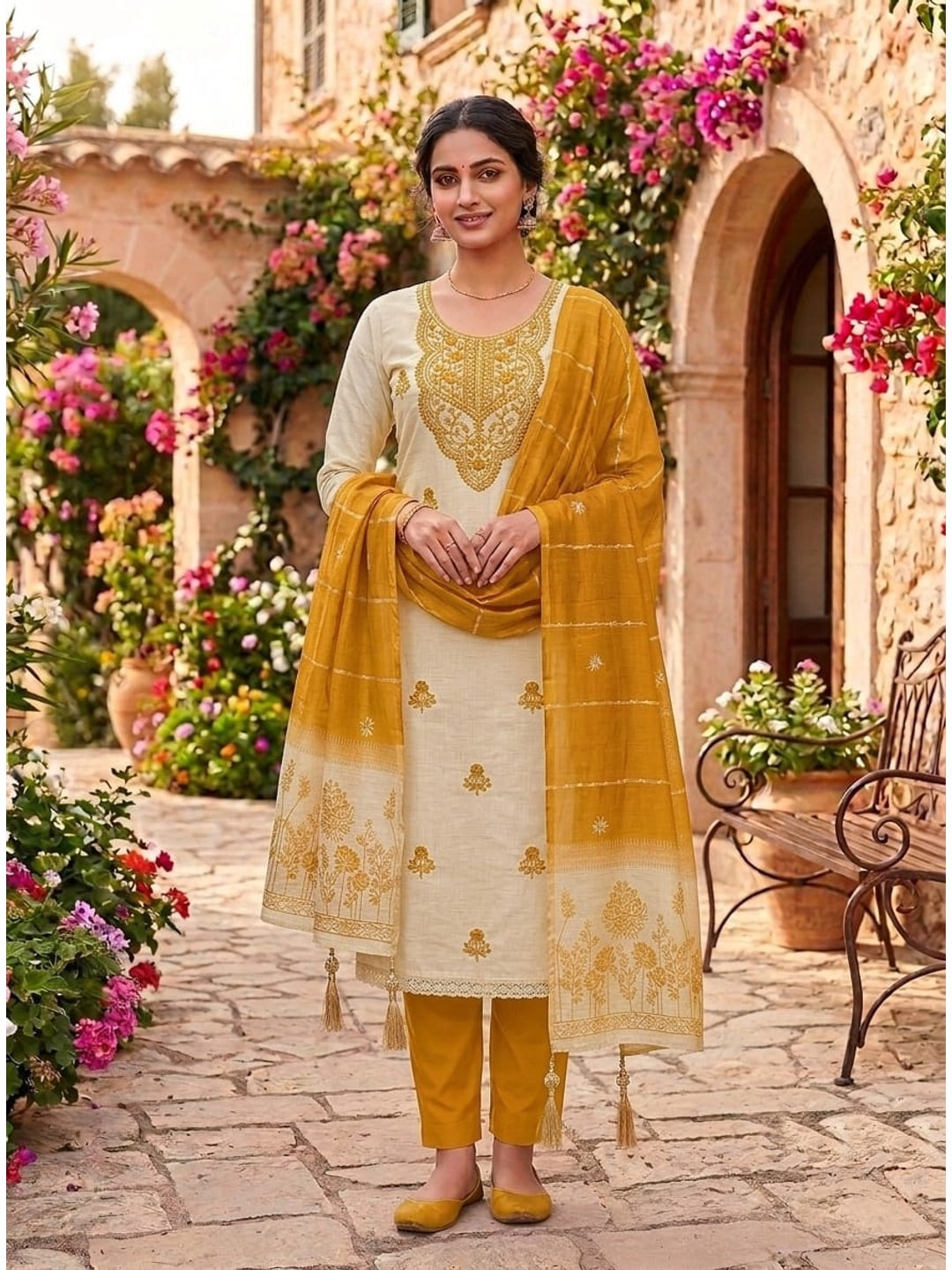 Peachmode Cream & Mustard Embroidered Jamdani Jacquard Dress Material - Image 2