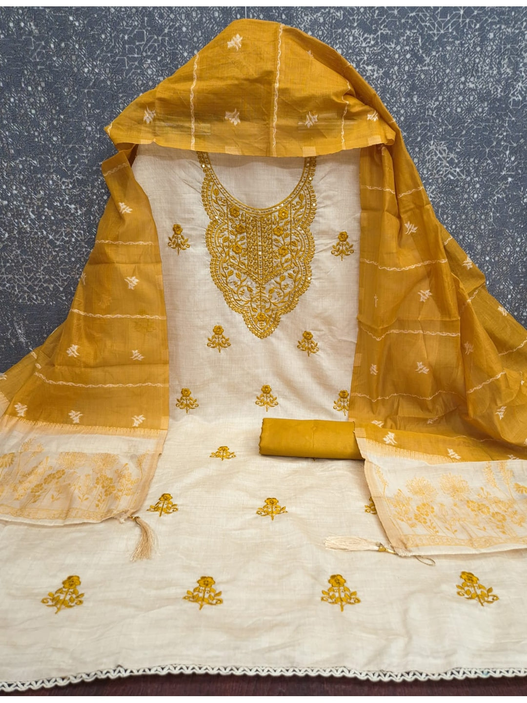 Peachmode Cream & Mustard Embroidered Jamdani Jacquard Dress Material - Image 3