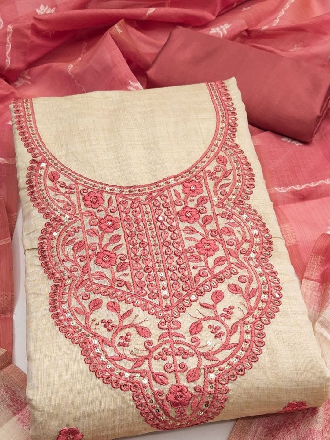 Peachmode Cream & Coral Embroidered Jamdani Jacquard Dress Material - Image 1