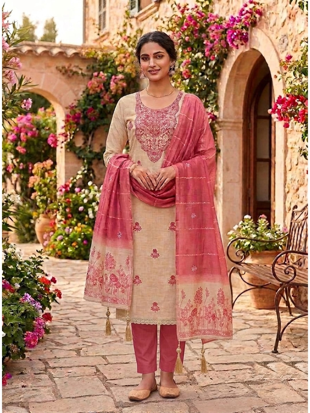 Peachmode Cream & Coral Embroidered Jamdani Jacquard Dress Material - Image 2