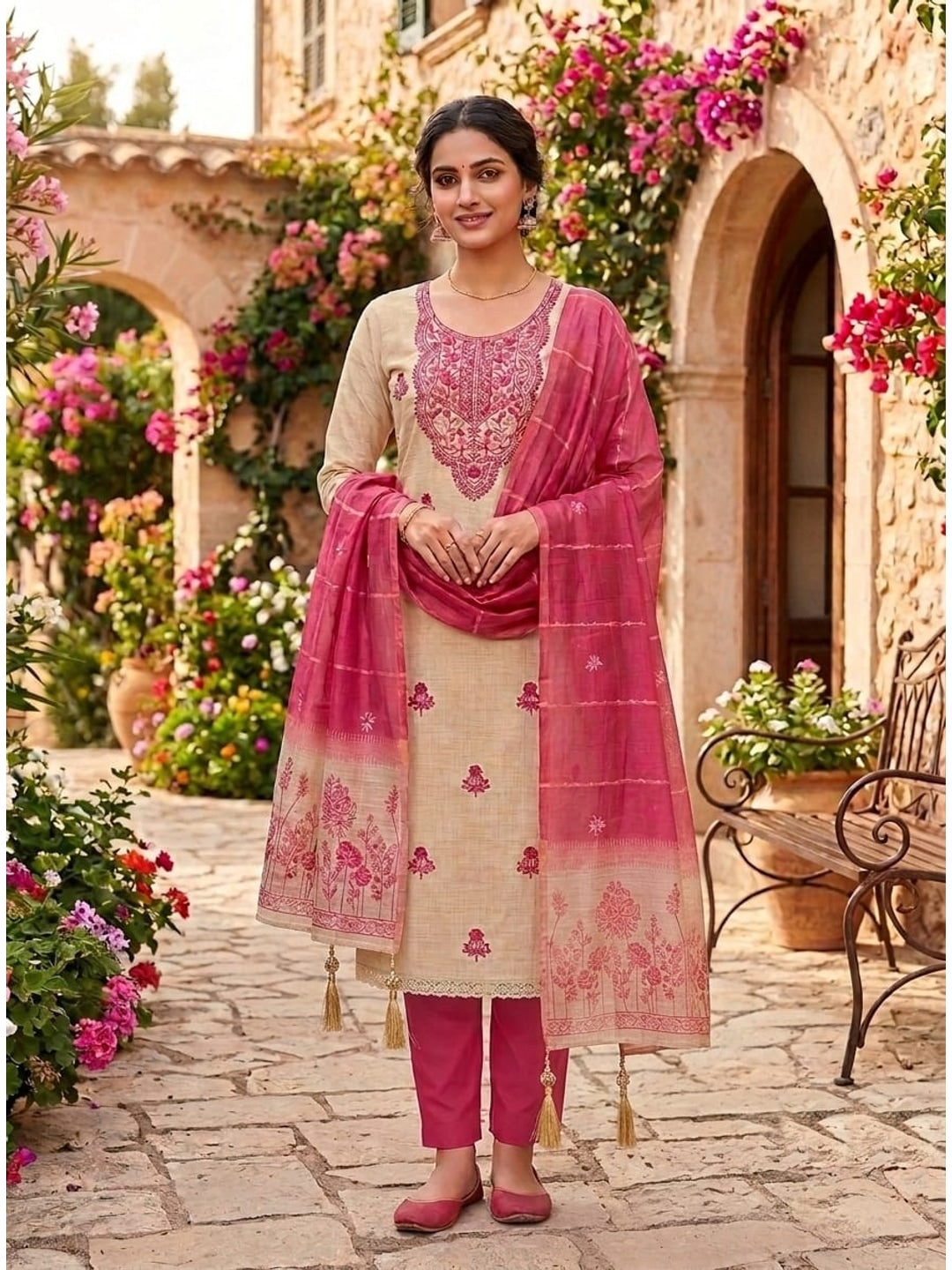 Peachmode Cream & Pink Embroidered Jamdani Jacquard Dress Material - Image 2