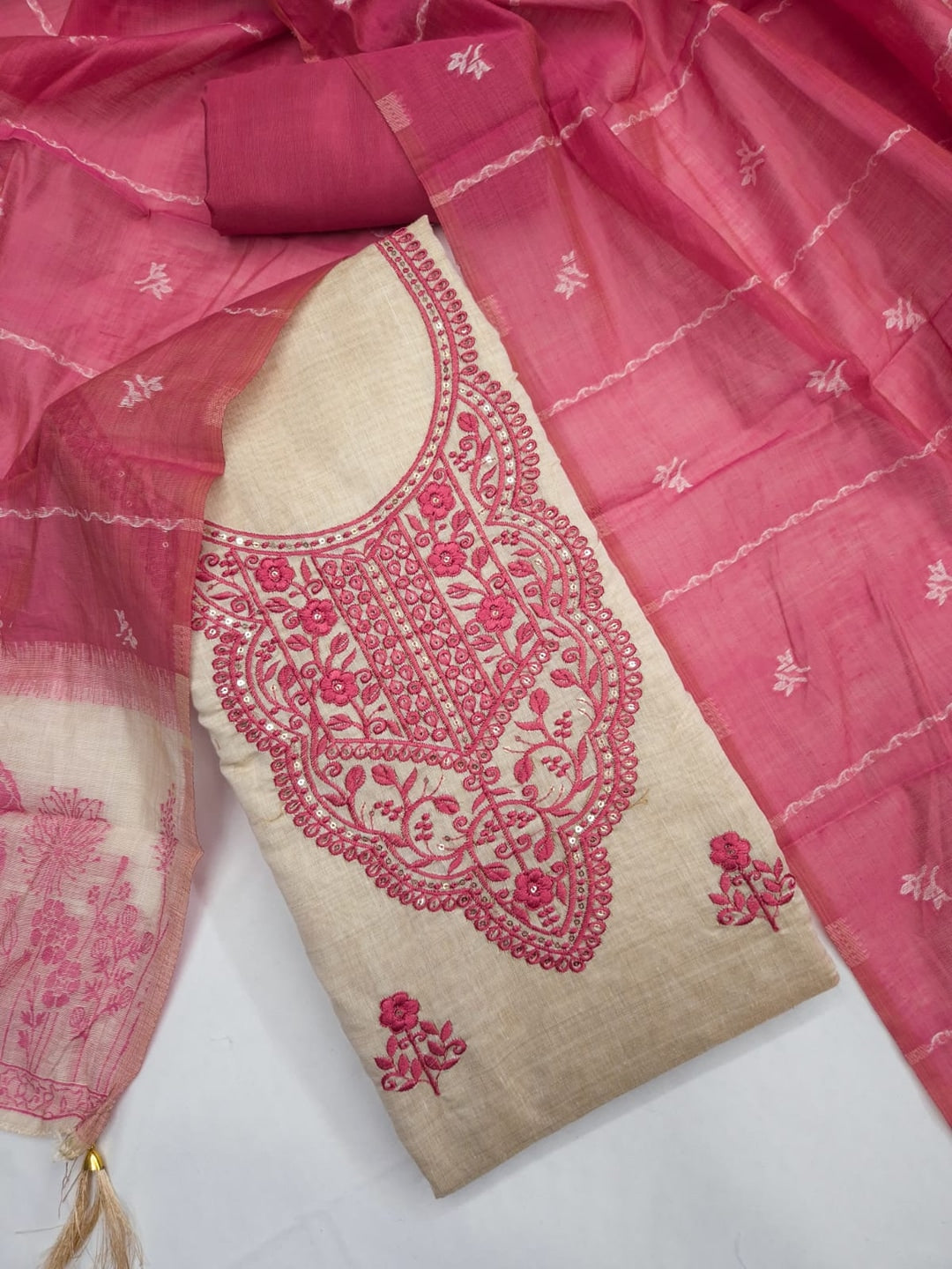 Peachmode Cream & Pink Embroidered Jamdani Jacquard Dress Material - Image 4