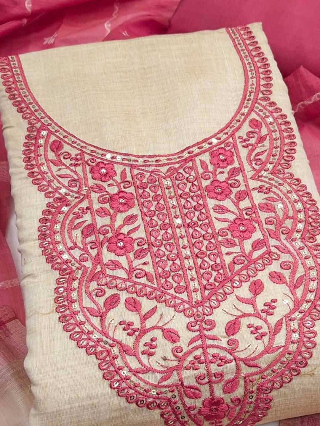 Peachmode Cream & Pink Embroidered Jamdani Jacquard Dress Material - Image 5