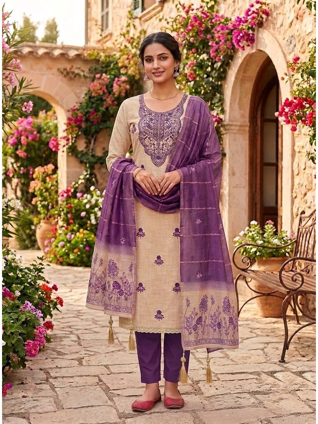 Peachmode Cream & Purple Embroidered Jamdani Jacquard Dress Material - Image 2