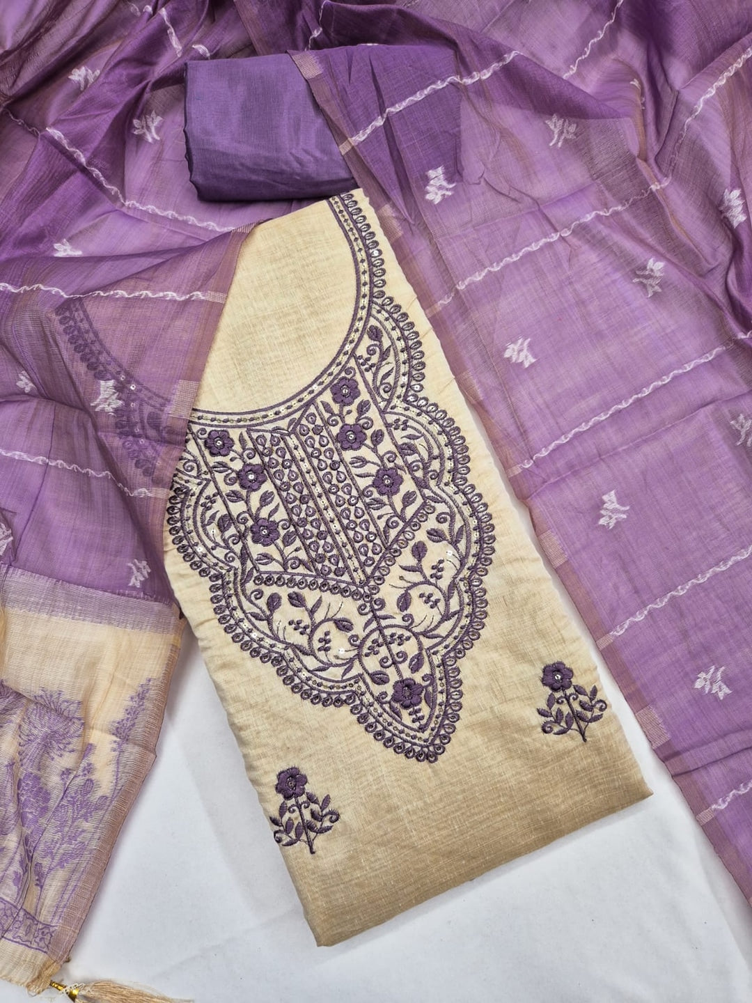 Peachmode Cream & Purple Embroidered Jamdani Jacquard Dress Material - Image 4