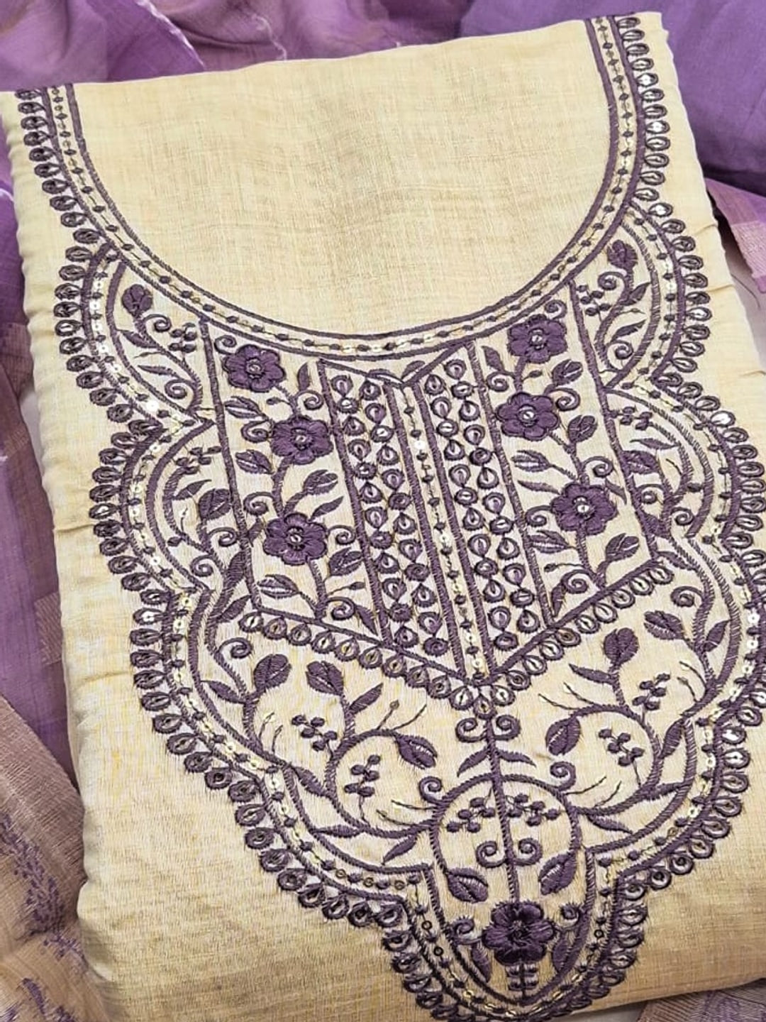 Peachmode Cream & Purple Embroidered Jamdani Jacquard Dress Material - Image 5