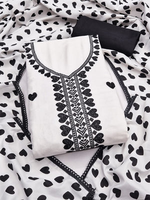 Peachmode White & Black Embroidered Rayon Dress Material - Image 1
