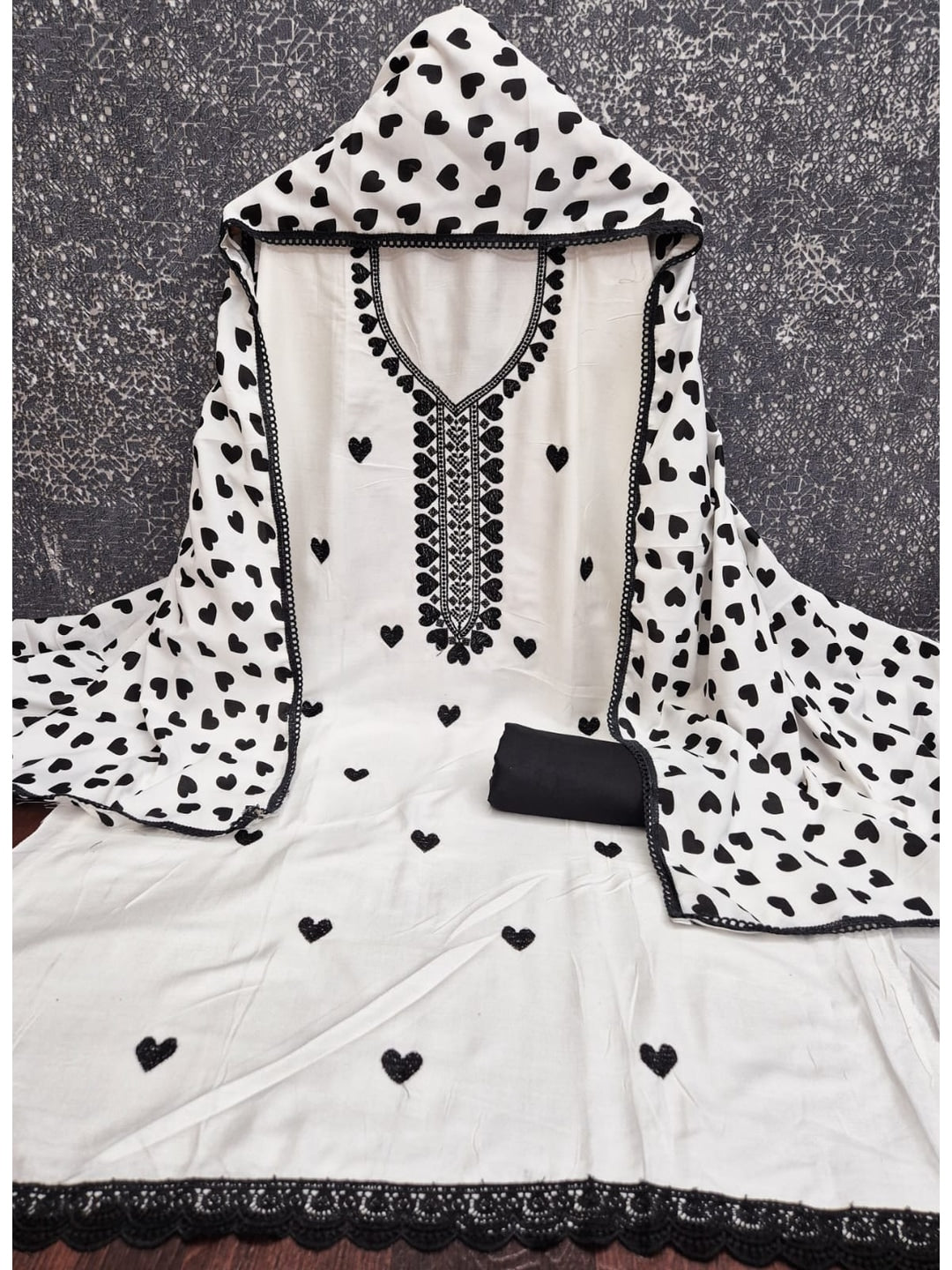 Peachmode White & Black Embroidered Rayon Dress Material - Image 3