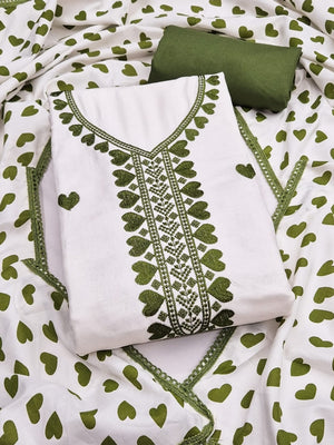 Peachmode White & Olive Embroidered Rayon Dress Material - Image 1