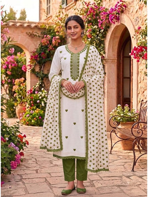 Peachmode White & Olive Embroidered Rayon Dress Material - Image 2