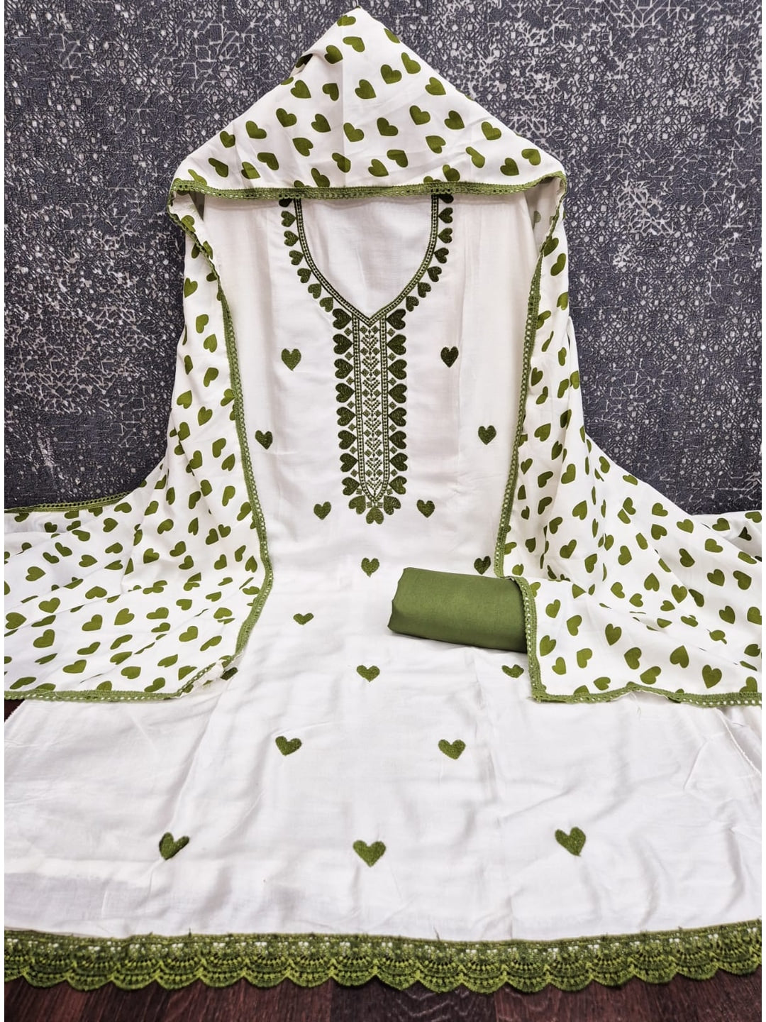 Peachmode White & Olive Embroidered Rayon Dress Material - Image 3