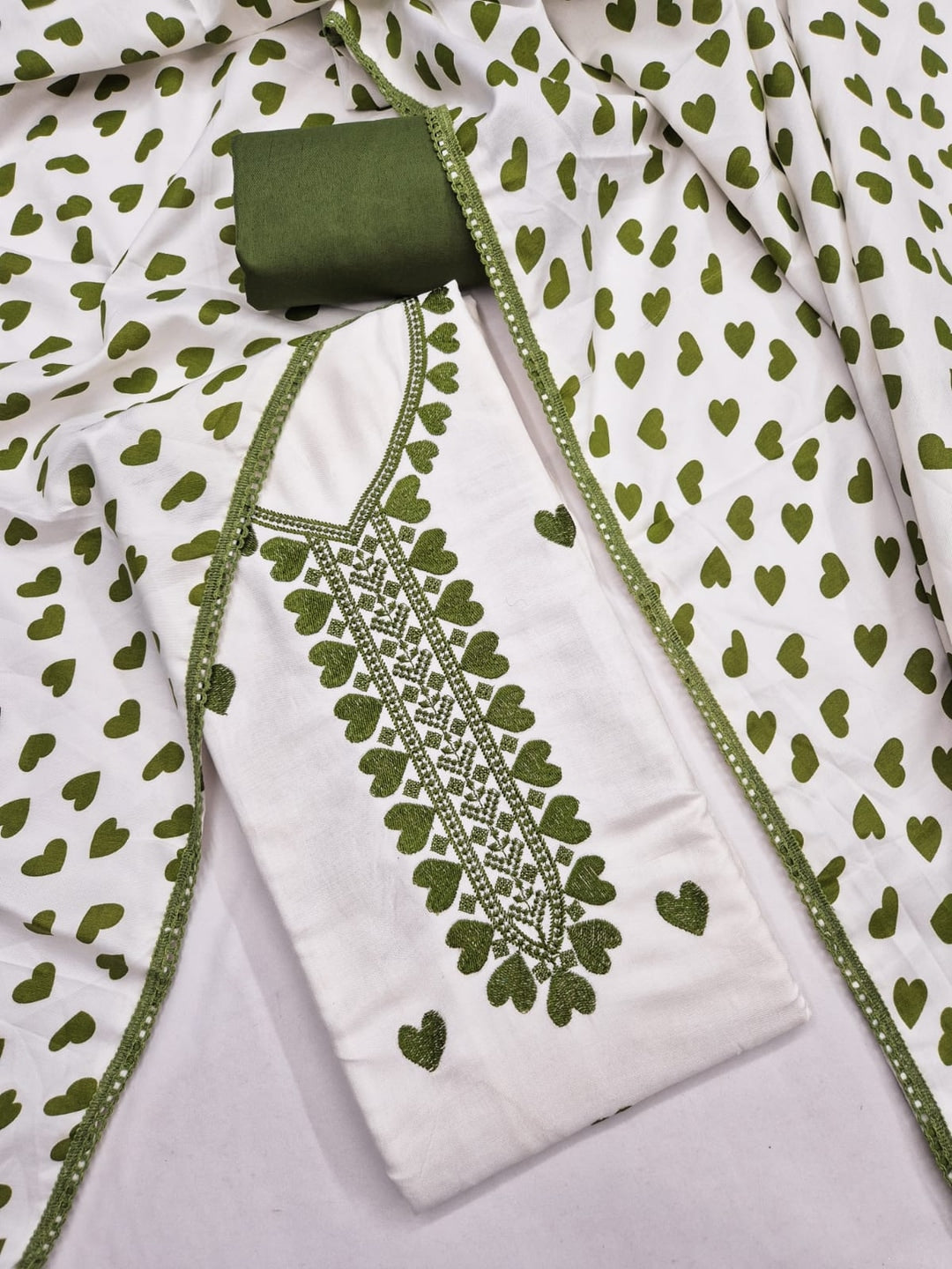 Peachmode White & Olive Embroidered Rayon Dress Material - Image 4