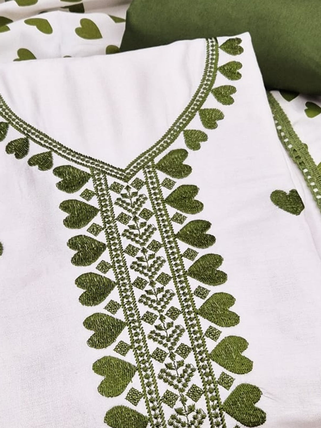 Peachmode White & Olive Embroidered Rayon Dress Material - Image 5