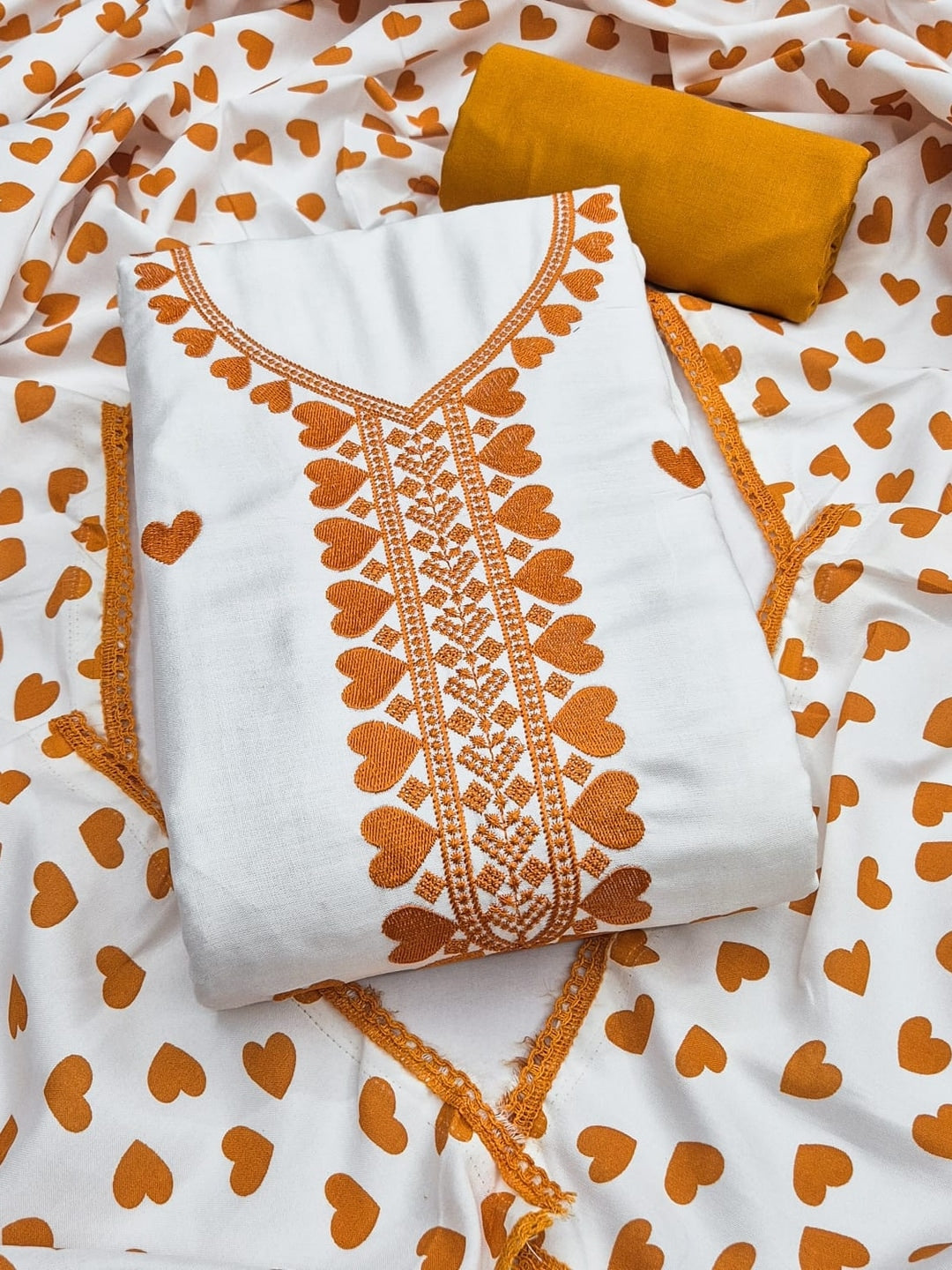 Peachmode White & Mustard Embroidered Rayon Dress Material - Image 1