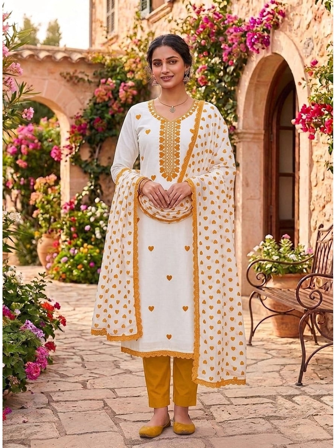 Peachmode White & Mustard Embroidered Rayon Dress Material - Image 2