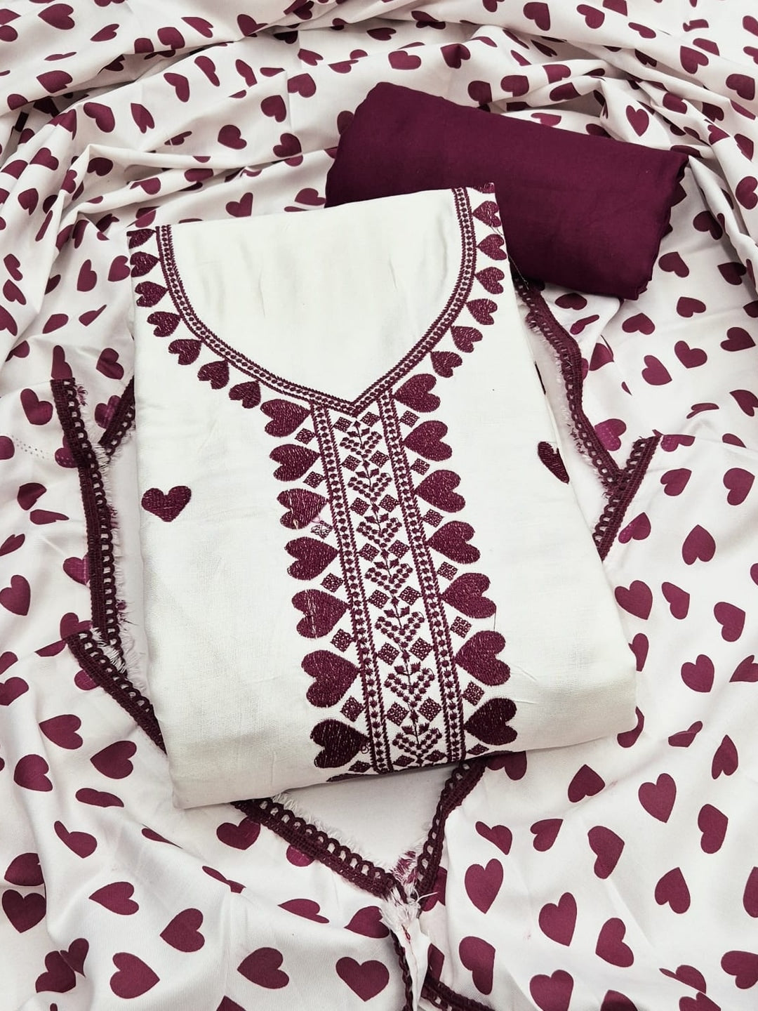 Peachmode White & Maroon Embroidered Rayon Dress Material - Image 1