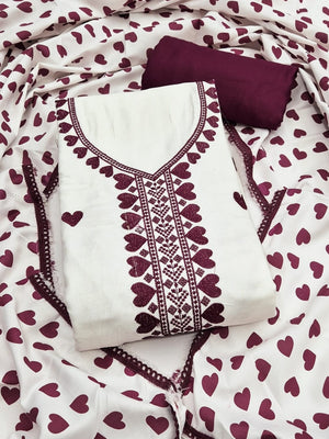 Peachmode White & Maroon Embroidered Rayon Dress Material - Image 1