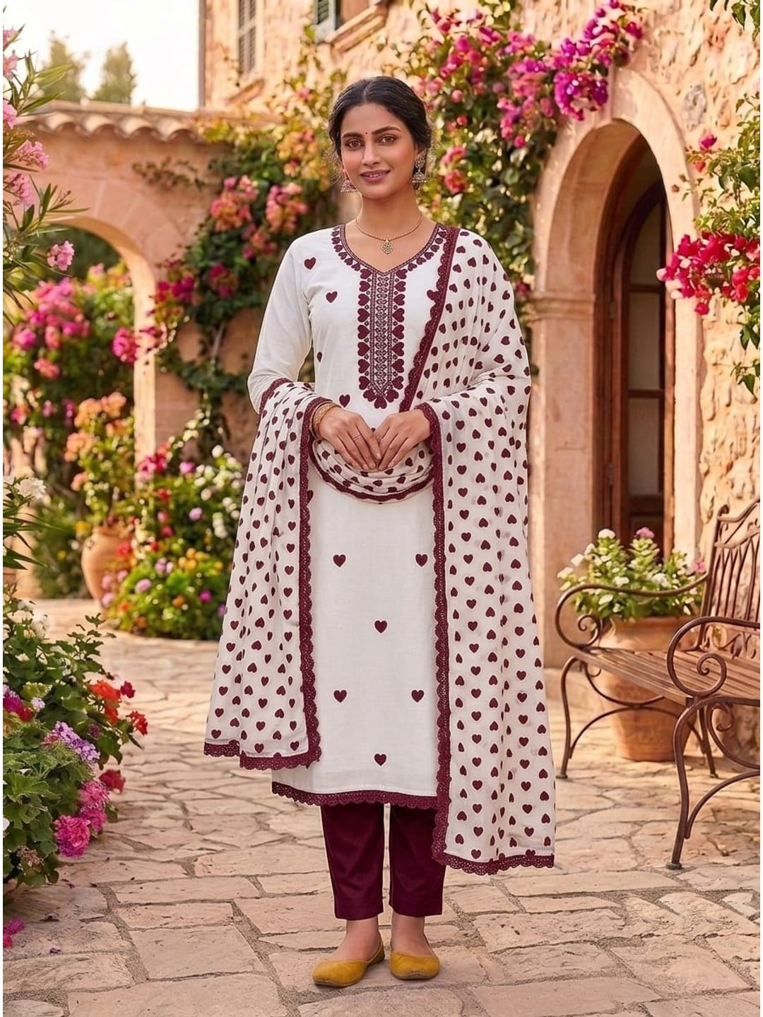 Peachmode White & Maroon Embroidered Rayon Dress Material - Image 2