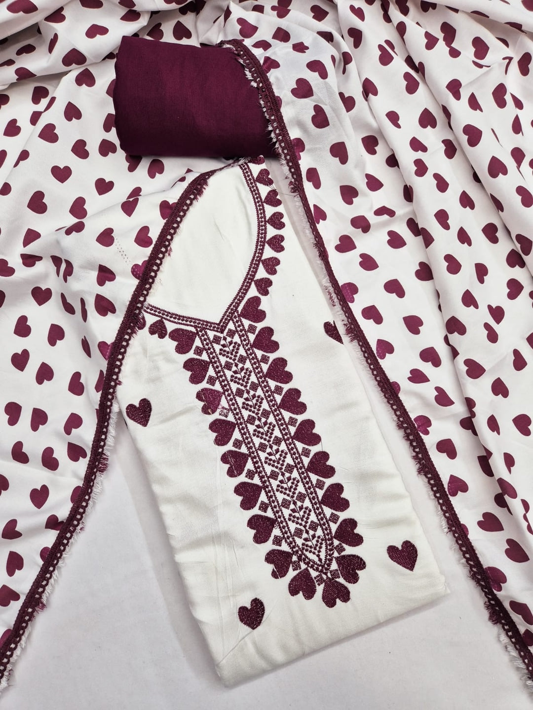 Peachmode White & Maroon Embroidered Rayon Dress Material - Image 4