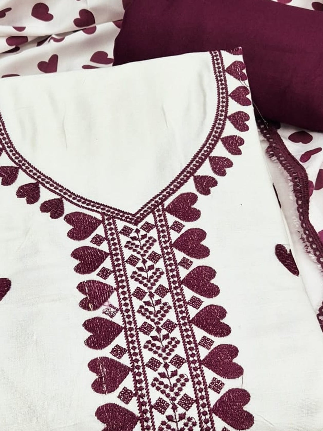 Peachmode White & Maroon Embroidered Rayon Dress Material - Image 5