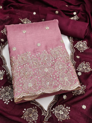 Peachmode Pink & Wine Embroidered Vichitra Silk Dress Material - Image 1