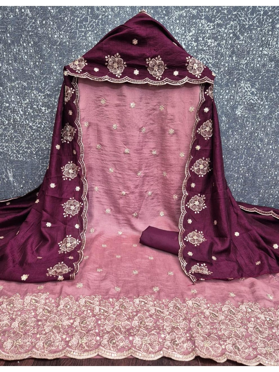Peachmode Pink & Wine Embroidered Vichitra Silk Dress Material - Image 3