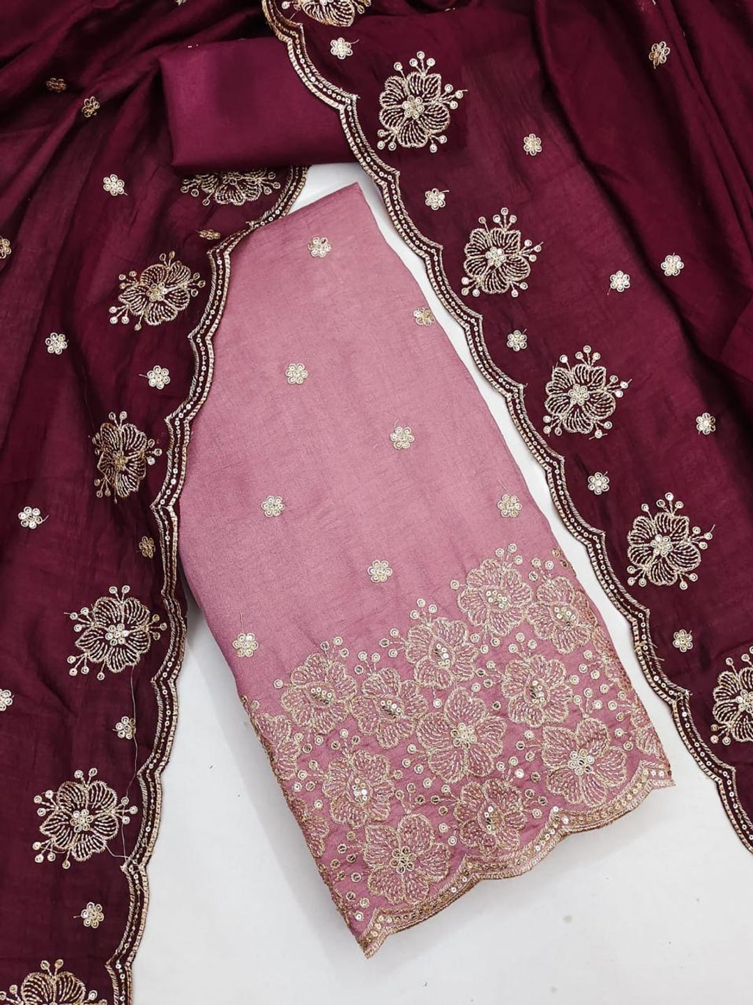 Peachmode Pink & Wine Embroidered Vichitra Silk Dress Material - Image 4