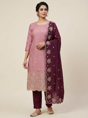 Peachmode Pink & Wine Embroidered Vichitra Silk Dress Material - Image 2