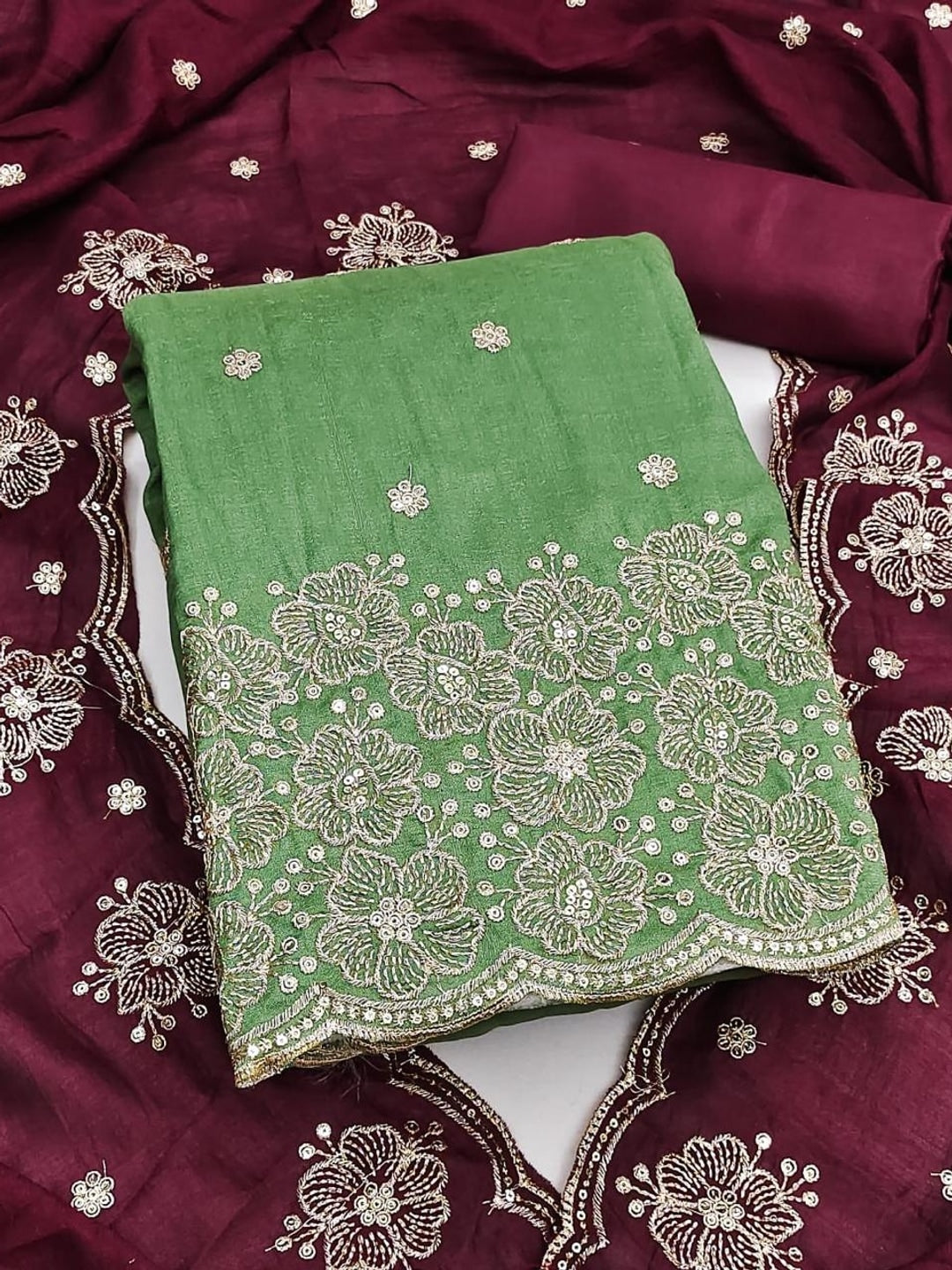 Peachmode Green & Wine Embroidered Vichitra Silk Dress Material - Image 1