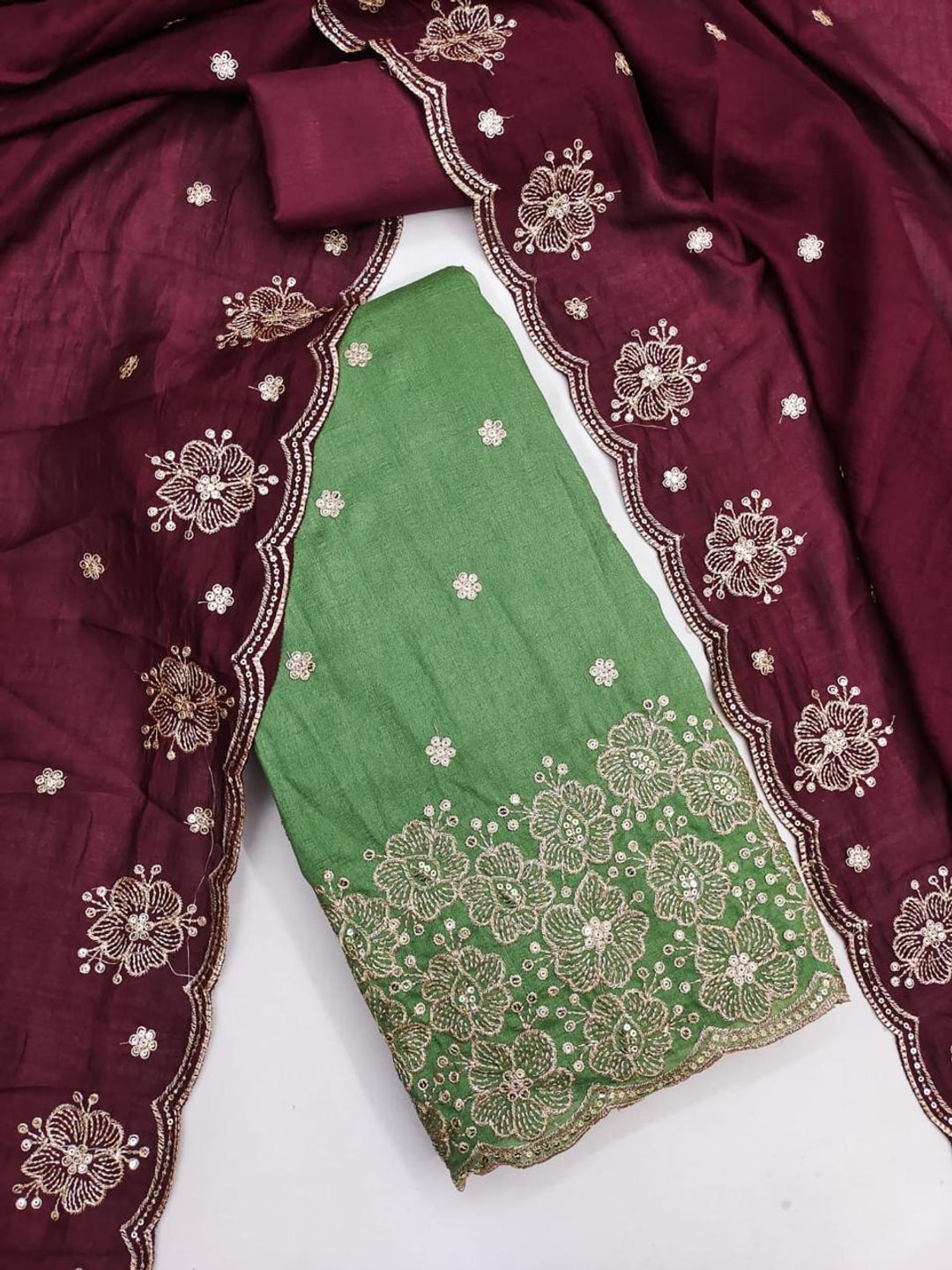 Peachmode Green & Wine Embroidered Vichitra Silk Dress Material - Image 4
