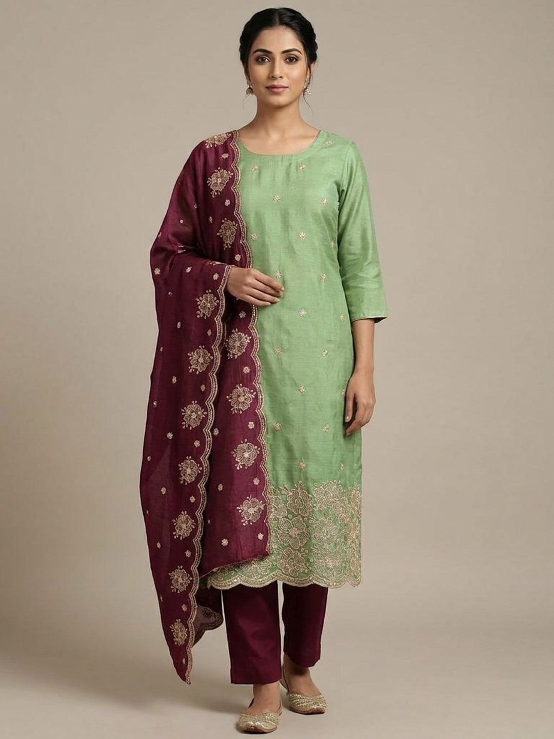 Peachmode Green & Wine Embroidered Vichitra Silk Dress Material - Image 2