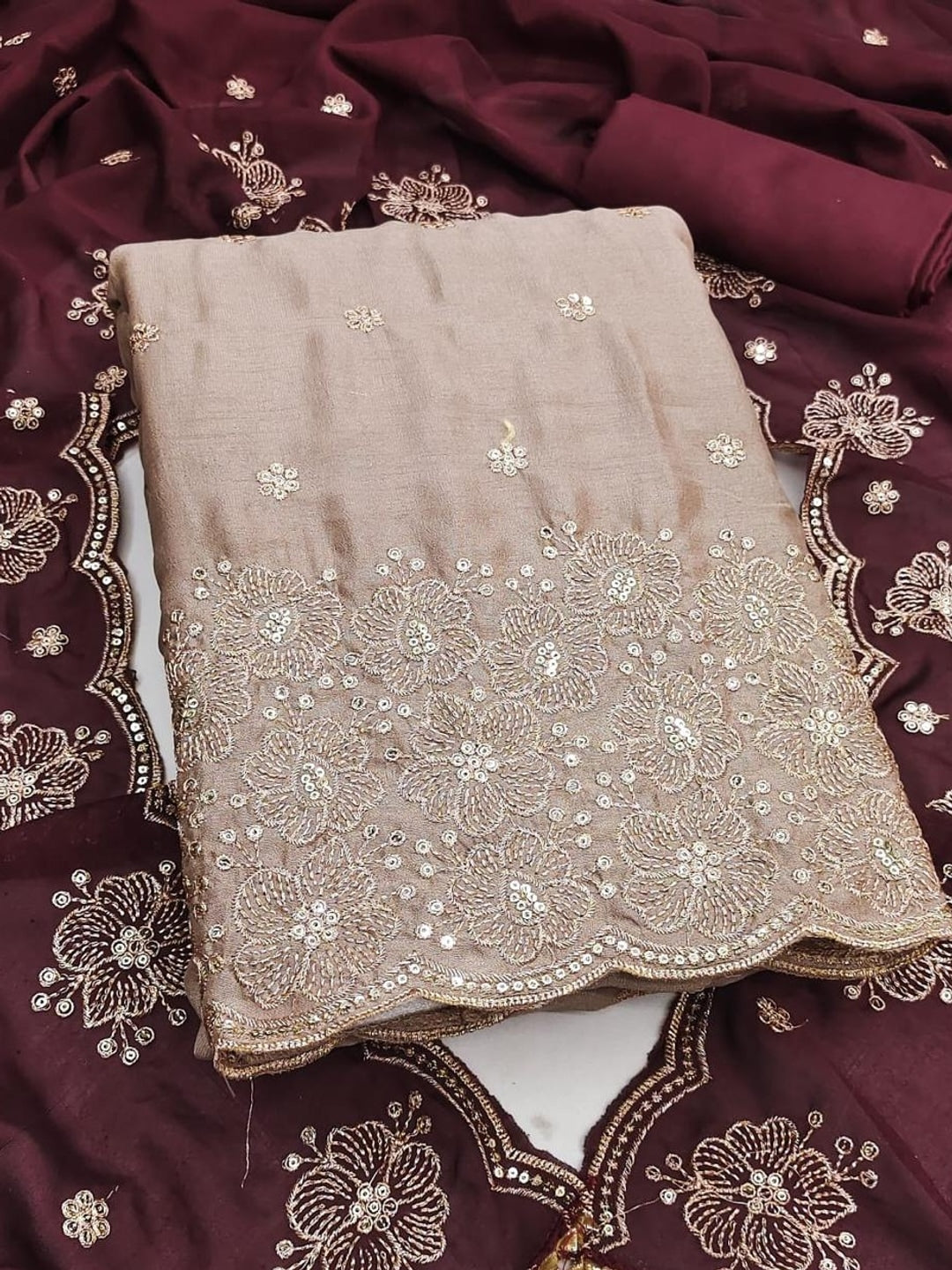 Peachmode Beige & Wine Embroidered Vichitra Silk Dress Material - Image 1