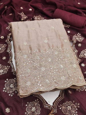 Peachmode Beige & Wine Embroidered Vichitra Silk Dress Material - Image 1