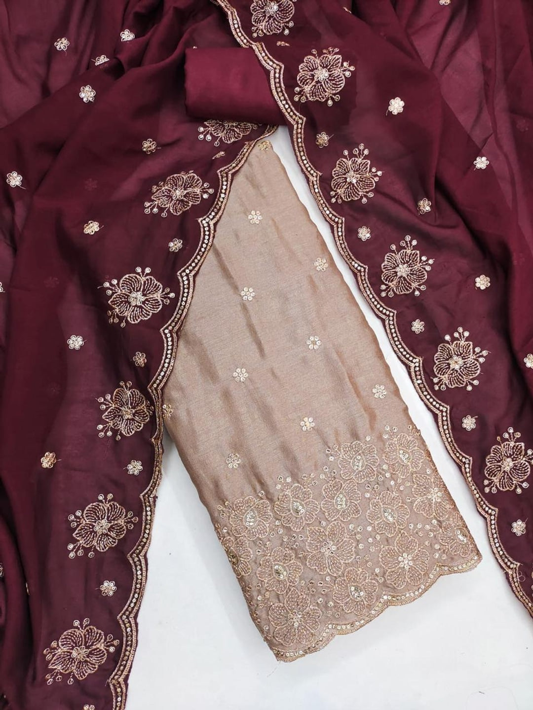 Peachmode Beige & Wine Embroidered Vichitra Silk Dress Material - Image 4