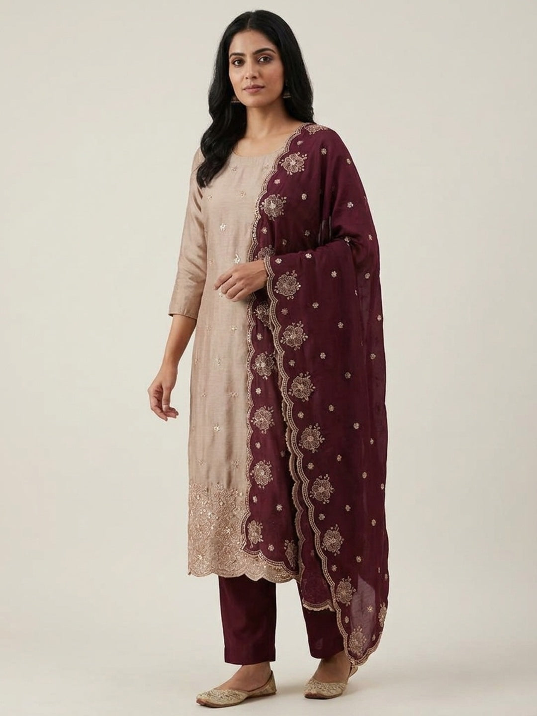 Peachmode Beige & Wine Embroidered Vichitra Silk Dress Material - Image 2