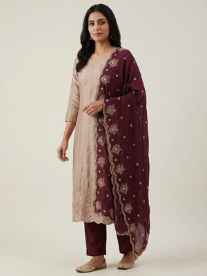 Peachmode Beige & Wine Embroidered Vichitra Silk Dress Material - Image 2
