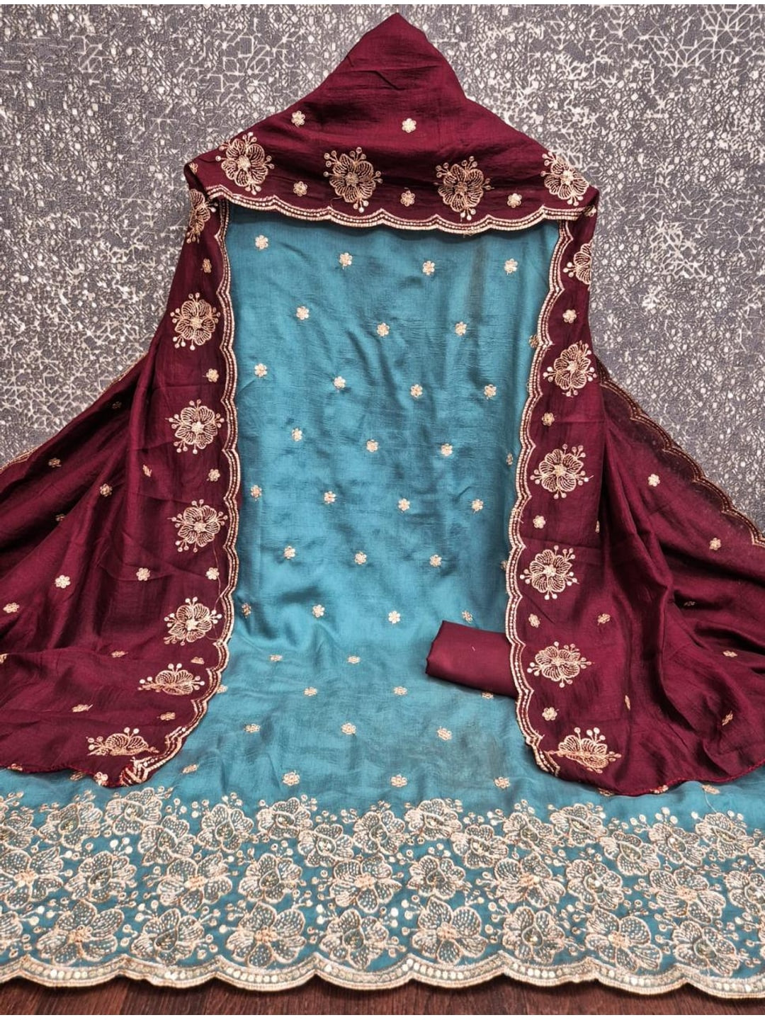 Peachmode Turquoise & Wine Embroidered Vichitra Silk Dress Material - Image 3