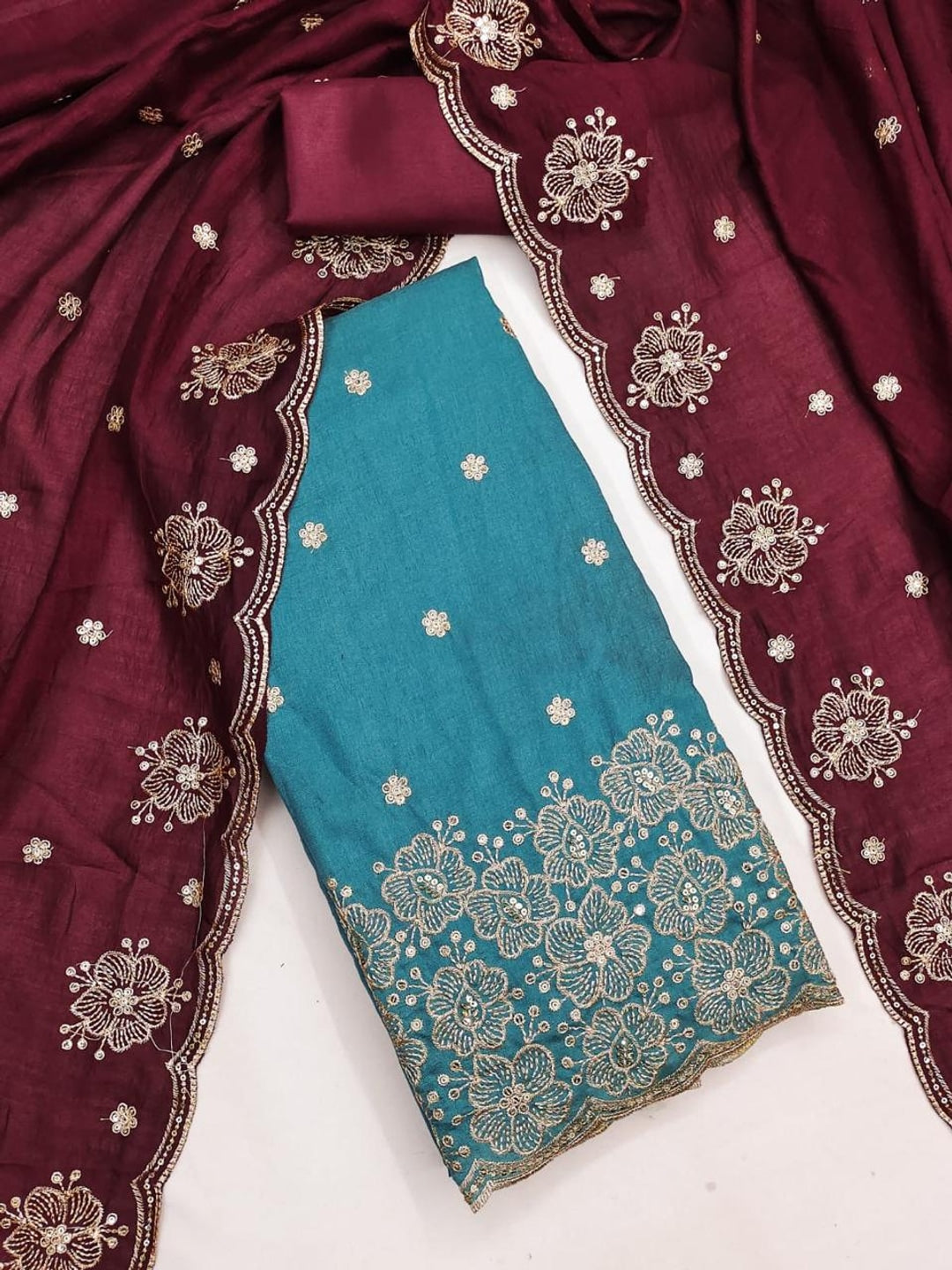 Peachmode Turquoise & Wine Embroidered Vichitra Silk Dress Material - Image 4